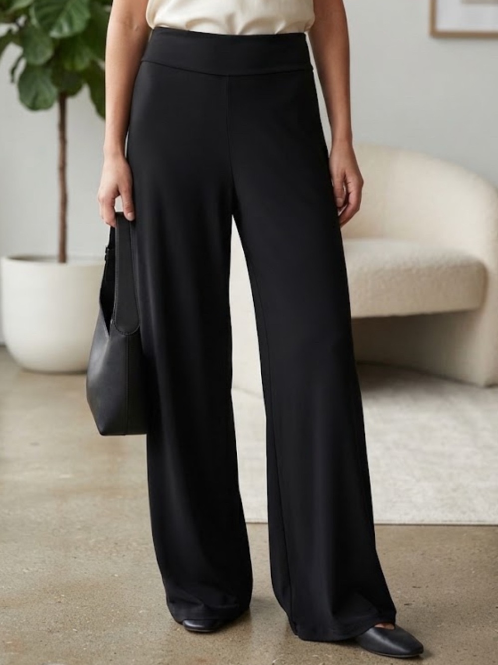 Black Very Wide-Leg Women's Pants - Classic Pull-On Style Size L